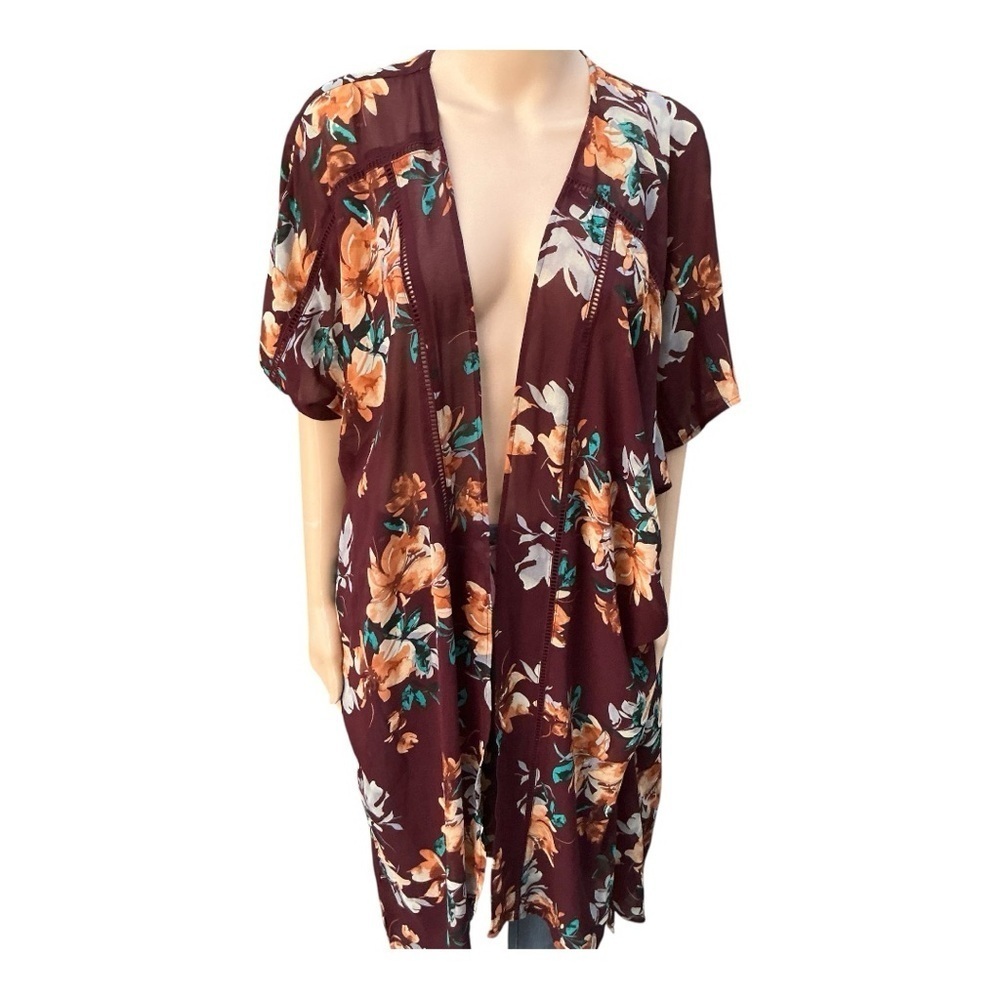 Xhilaration Floral Kimono with Orange and Teal Accents